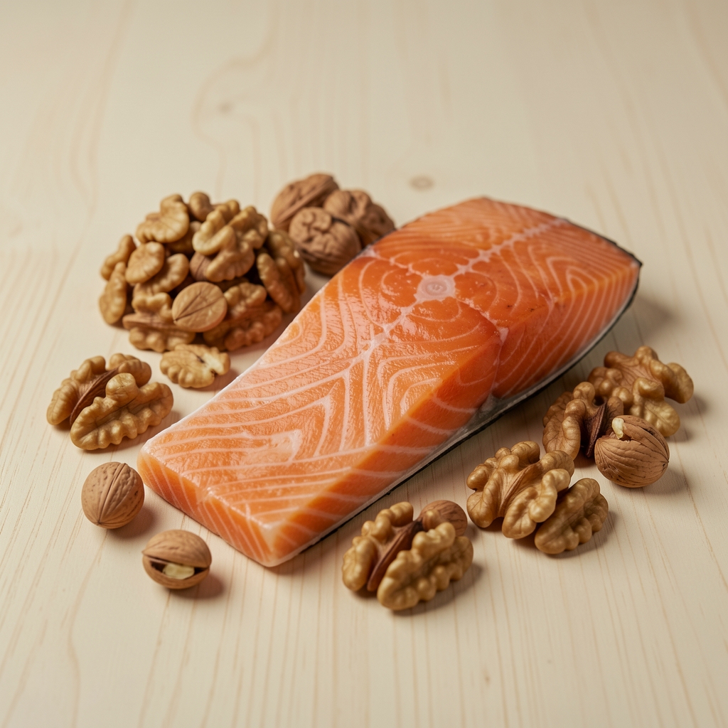 Whole foods including salmon fillet and walnuts arranged on a pale wooden surface, editorial nutritional composition