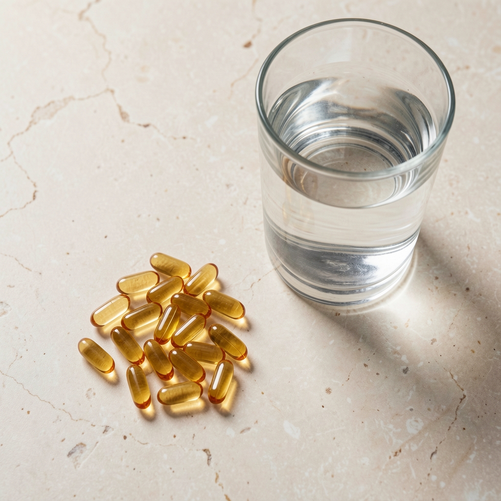 Omega-3 fish oil daily supplements and a glass of water on a pale stone surface, editorial overhead composition
